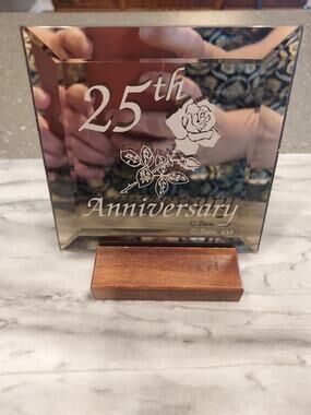 Vintage 25th Wedding Anniversary Mirror w/ walnut stand 4" inches square Dacra